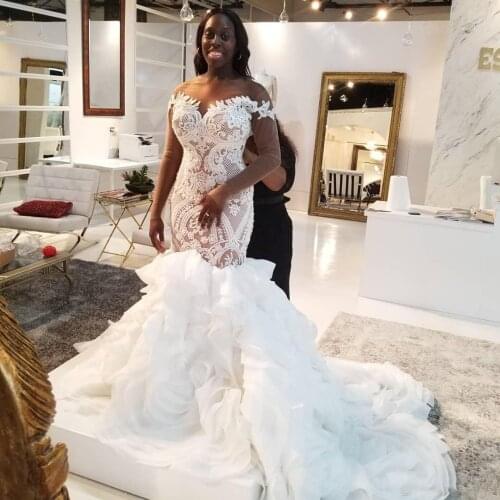African Wedding Dresses Lace Appliqued Sequins Sheer Jewel Neck Beach Bridal Dress Sweep Train Tiered Country Wedding Gowns