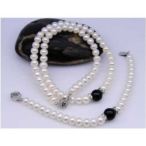 Wedding Jewellery Hot!!! Fashion Freshwater Pearl Necklace Bracelet Set with BLACK Jewerly for Young Lady, 30sets/lot