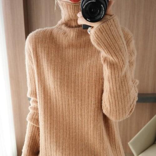 FRSEUCAG New high-neck 100% wool sweater womens long-sleeved pullover pure color knitted slim fashion cashmere sweater S-XXL