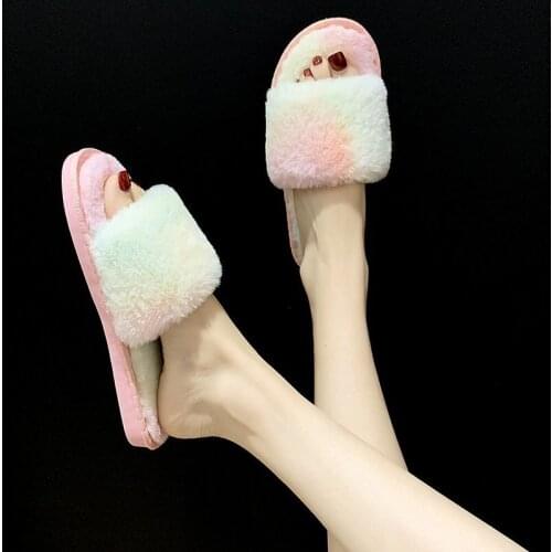 Warm Fluffy Slippers Women Cozy Faux Fur Cross Indoor Floor Slides Flat Soft Furry Shoes Ladies Female Celebrities Flip Flops