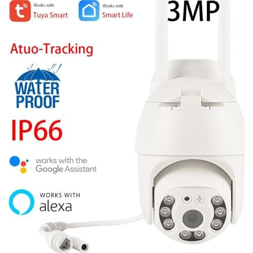 Alexa Google 3MP Tuya Smart Wifi IP Camera Outdoor IP66 Auto-Tracking PTZ Camera 4X Digital Zoom Color Night Vision CCTV Camera