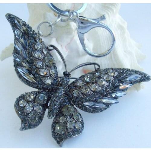 Unique Butterfly Keychain Pendant Black Gray Rhinestone Crystal K04538C4