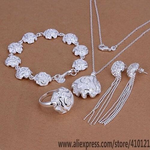S244 Hot Sale Silver Color Jewelry,Wholesale Factory Price High Quality Fashion Set Rose Ring Drop Earrings Bracelet Necklace