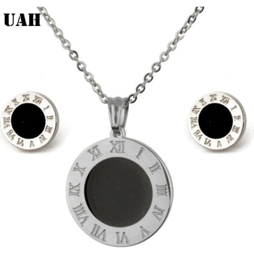 UAH Stainless Steel Roman Numerals Jewelry Sets SilverPlating Round Black Shell Necklace Earrings Sets Women
