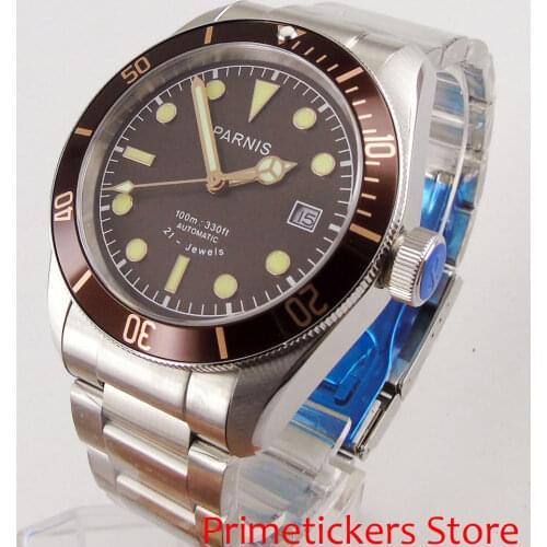 Yellow hands 41mm PARNIS brown dial luminous date sapphire glass automatic movement mens watch