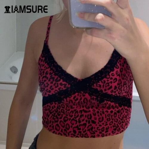 IAMSURE 2020 Summer Home Fashion Leisure Outfits Female Tank Tops Leopard Print Cross Lace Edge Sexy V-Neck Crop Tops For Women