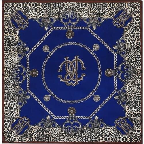 POBING Silk Square Scarf Women Leopard Chain Print Foulards Hijab Bandana Lady Neckerchief Silk Scarves Wraps Headband 90cm*90cm