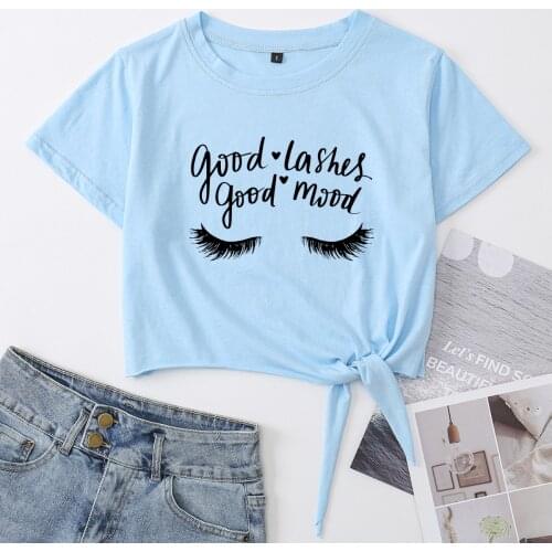 Good Lashes Good Mood Crop Top Womens Summer Short-sleeve Print Cotton T-shirt Cropped Tops Graphic Tee with Front Knot