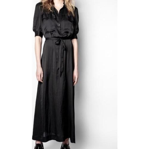 2021 Autumn Woman red black long Dress Ruffled Neck with V cut Short Puff Sleeves Elastic Waist With Belt Fashion Long dress