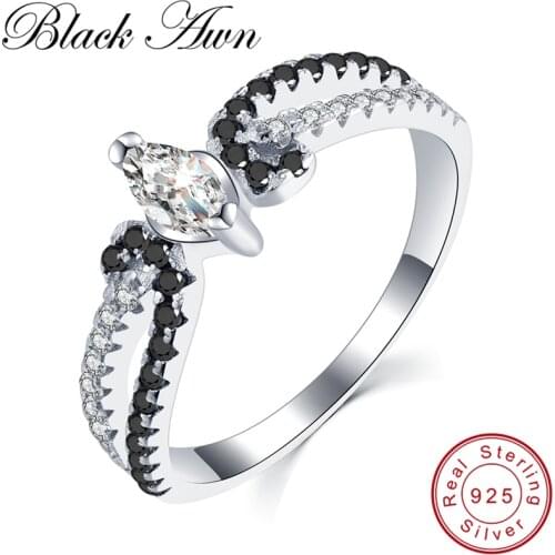 [BLACK AWN]Rings for Women 1.9g Rhombus 925 Sterling Silver Jewelry Black Spinel Prong Setting Bague C231