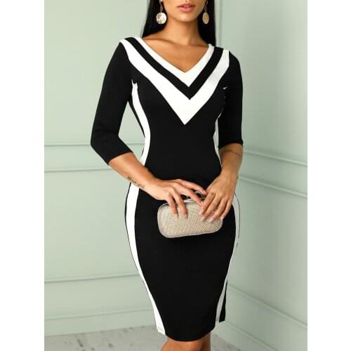 Lady Trendy 2020 Winter Black Contrast Color Striped Tape Beautiful Full Zevity Bodycon Knee-Length Dress Elegant Coverall Robes