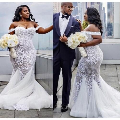 Off Shoulder Mermaid Lace Wedding Dresses 2022 Plus Size Appliques Lace Up Sweep Train African Bridal Gowns Cheap Customized