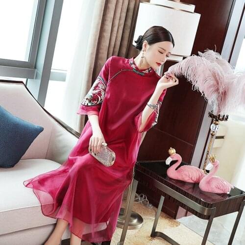 2020 New Chinese Dress Cheongsam Women Oriental Style Embroidery Qipao Dresses Casual Classical Evening Gowns China Hanfu Qi Pao