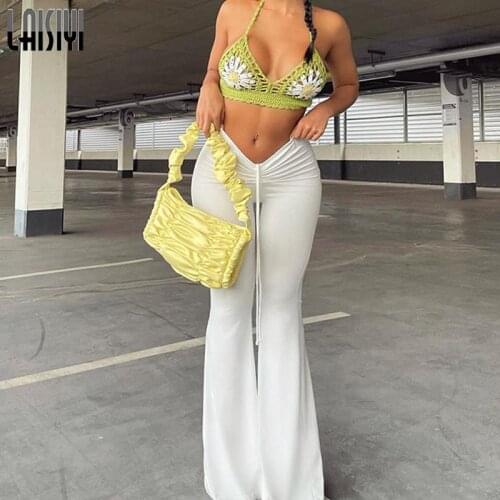 White Solid Ribbed Sweatpants 2021 Women Streetwear Ruched Lace Up Low Waist Flare Pants Slim Sexy Ladies Trousers pantalones