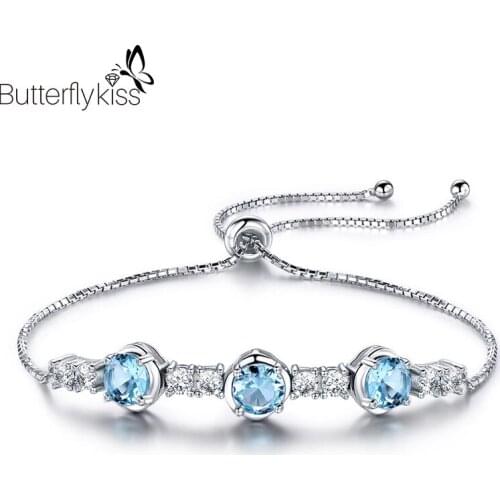 BK Sky Blue Topaz Adjustable Bracelets For Women Girl Real 925 Sterling Silver Charm Bracelets Female Gifts Luxury Fine Jewelry