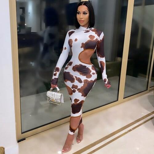 BKLD Women Clothing 2020 Autumn Winter New Round Neck Cow Print Hollow Out Long Sleeve Bodycon Dress Female Club Wear Outfit