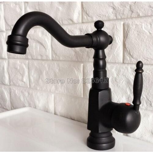 Black Oil Rubbed Brass Single Handle Bathroom Basin Faucet Vessel Sink Mixer Taps Swivel Spout Cold & Hot Water Faucets Wnf353
