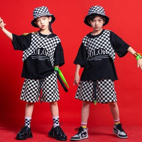 Kids Streetwear Hip Hop Loose Casual Sports Plaid Shorts Boys Girls Stage Costumes Children Fashion Show Dance Clothing