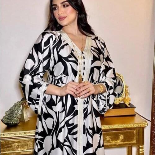 Middle Eastern Abaya Print Long Muslim Women Shredded Flower Dress Arabic Dress Jalabiya