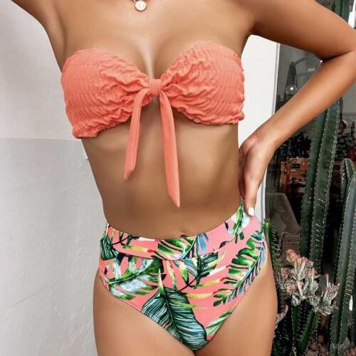 Sexy Ruffle Swimwear Womens Bandeau High Waist Bikini Set Bow Tie High Cut Bathing Suits Solid Leaf Print Swimsuit Bathing Suit