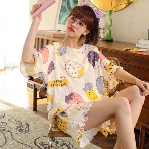 Summer Women Pajamas Set Loose Lotus Short Sleeve Pajamas Sweet Strawberry Printed Princess Nightwear Outdoor Cotton Sleepwear