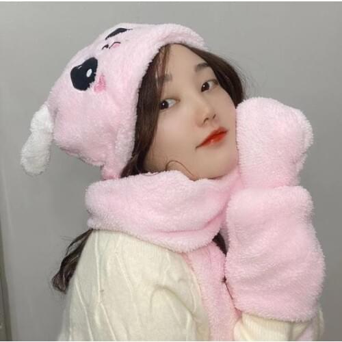 Cartoon Winter Warm Airbag hat three-piece scarf gloves Funny Moving ears parent-child thickening soft plush scarf