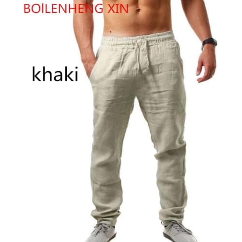2021 Summer Mens Cotton Linen Trousers Summer Pants Casual Male Solid Elastic Waist Straight Loose Casual Pants
