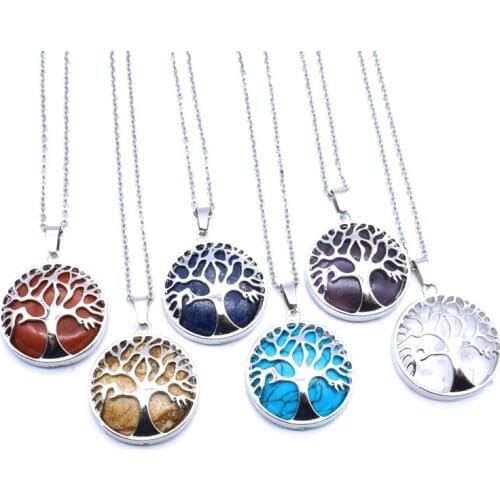 Tree of Life Necklaces Round Lapis Lazuli Stone Pink Quartz White Crystal Lapis Lazuli Tiger Eye Opal Pendants Jewelry