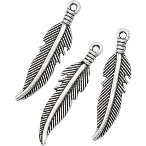 Feather Charm Antique Silver Plated Leaf Charms Pendants for Jewelry Making Bracelet DIY Handmade Craft 27x7mm