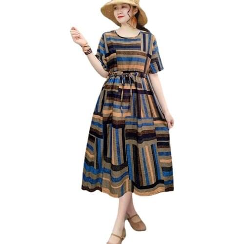 Womens Large Cotton Linen Dress Floral Print Waist Drawcord Round Neck Medium Length Short Sleeve Slim Swing Beach Dress