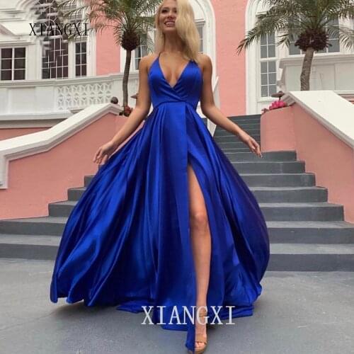 Rose Simple Robe De soirée 2020 licou entrecroisé buste haute fente col en V Robe De soirée longues poches De bal Robe De Soire