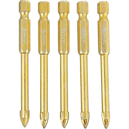 5pcs Glass Ceramic Drill Bits Carbide Hole Cutter Drill Bits Cross Spear Head for DIY Tile Marble Glass Drilling 6mm Hex Shank