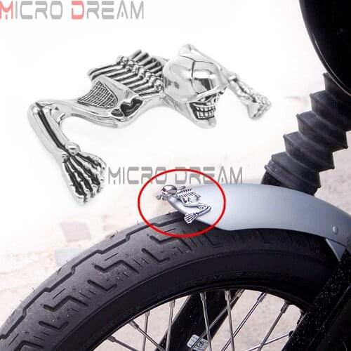 Custom Chrome Crack Skull Skeleton Ornament Curved Fender Mudguard Headlight Visor Skull Decorative Figure Statue Emblem Sticker