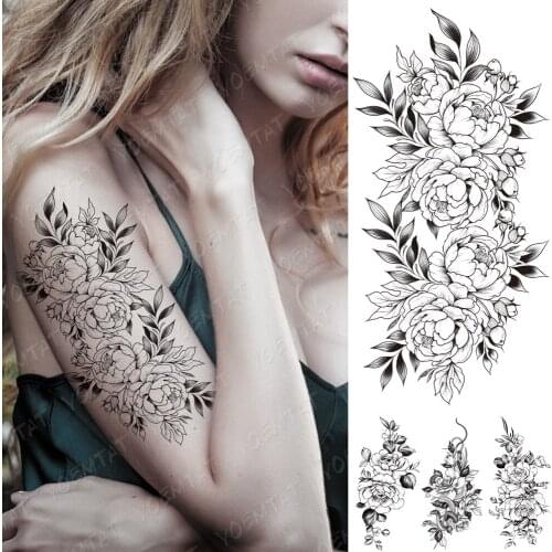 Waterproof Temporary Tattoo Stickers Peony Flower Black Flash Tattoos Female Minimalist Line Body Art Arm Thigh Fake Tatto Male