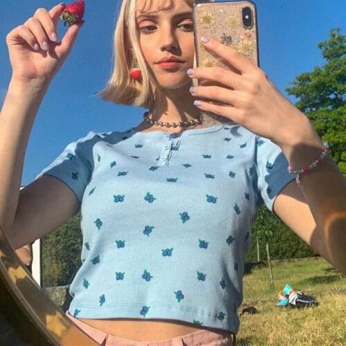Sky Blue Blueberry Super Cute Retro Girls T Shrits Women Skinny Sexy Crop Tops 2021Summer Preppy Style Fashion College Lady Tops