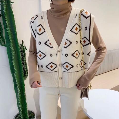 Women Knit Sweater Vest 2021 Korean Vintage Argyle Geometric Plaid Single Breasted V Neck Sleeveless Pullover Waistcoat T515