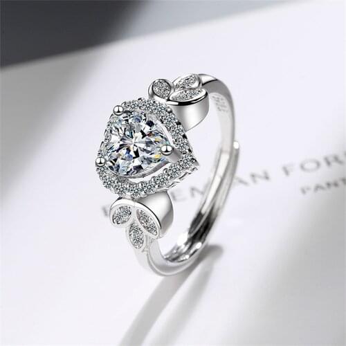 925 Sterling Silver Adjustable Size Zircon Heart Finger Ring Classic Jewelry For Women Girls Wedding Gift jz053