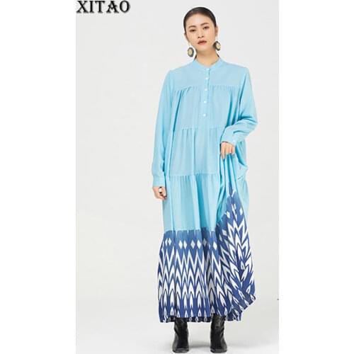 XITAO Spring New Print Patchwork Dress Casual Vintage Women Loose Stand Collar Pullover Long Sleeve Simplicity All-match ZY4125