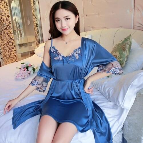 2021 Summer 2PCS Silk Satin Sexy Lace Lingerie Nightgowns Robes Sets for Women Korean Sleepwear Suit Night Dress Bathrobe Nighty