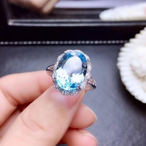Natural blue topaz gem Ring S925 Silver Natural Gemstone Ring Fashion big round Flower Sun flower Women girl party gift Jewelry