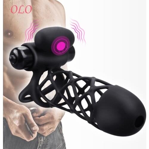 OLO 10 Speeds Flexible Vibrating Cock Cage Ejaculation Delay Dick Enlargement Extender G spot Stimulator Bullet Vibrator