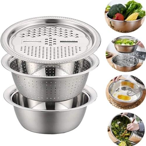 Stainless Steel Basin with Grater 3 in 1 Vegetable Cutter Slicer Cheese Grater with Drain Basket Fruits Washing Bowl Strainer