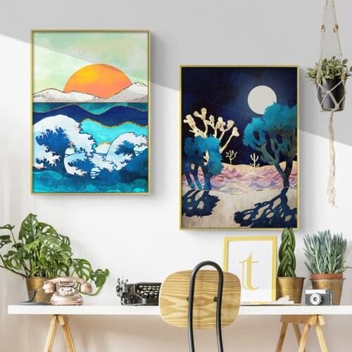 Japanese Style Abstract Landscape Mountain Sunrise Crane Octopus Canvas Painting Poster Wall Art Print Wall Picture Home Decor