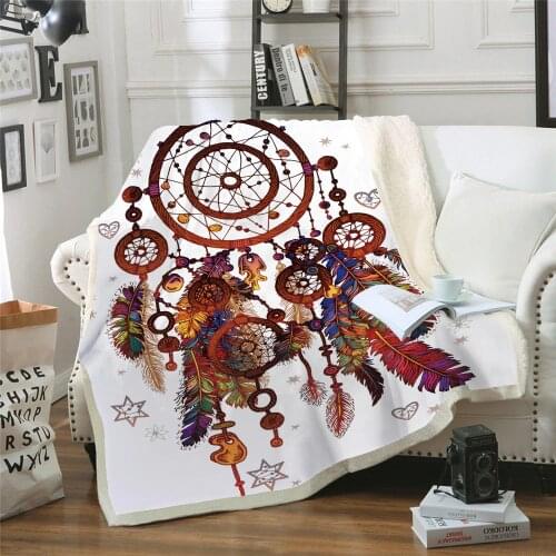 Velvet Plush Throw Blanket Hipster Watercolor Sherpa Blanket for Couch Dreamcatcher Feathers Printed Soft Throw