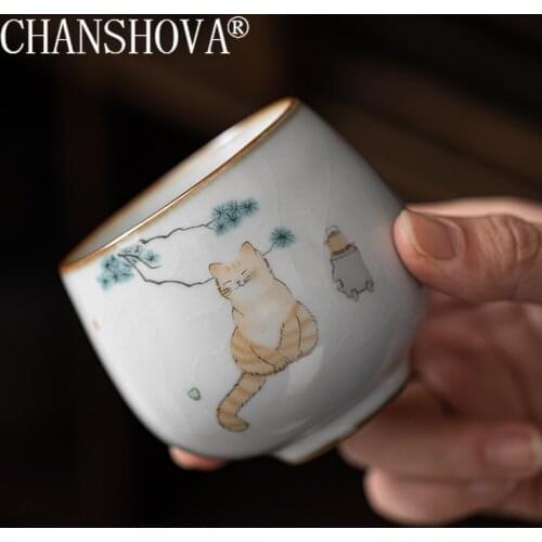 CHANSHOVA 100ml Traditional Chinese Style Handpainted Multiple Patterns Cat Retro Crackle Ceramic teacup tea set Porcelain H349