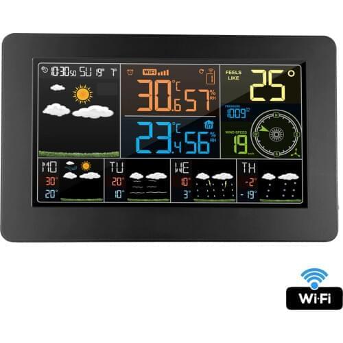 FanJu wifi Digital Weather Station Time Calendar Temperature Humidity Wind Direction Speed 5 Day Weather Forecast Wall Clock