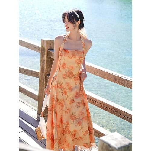 French vintage dress Hepburn backless hanging neck strap dress design feeling small dress chiffon beach holiday