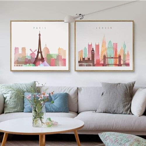 HAOCHU London Bridge Paris Eiffel Tower Silhouette Building Modern Art Picture Canvas Painting for Home Bedroom Decor No Frame