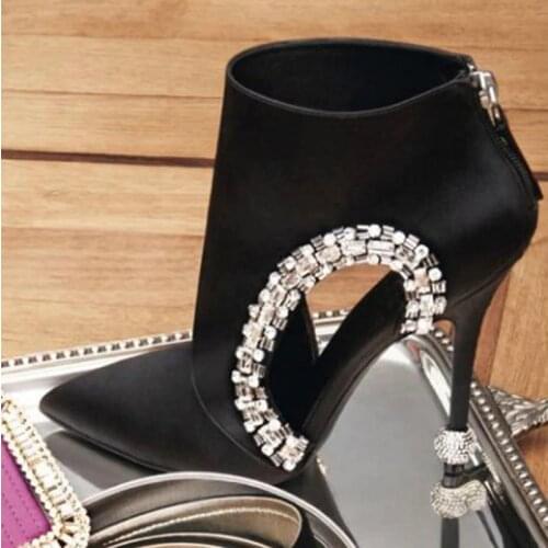 Hot Glitter Crystal Ball High Heels Silk Pointed toe Ankle Boots Women Bling Rhinstones Edged Cut out Short Boots Shoes Woman