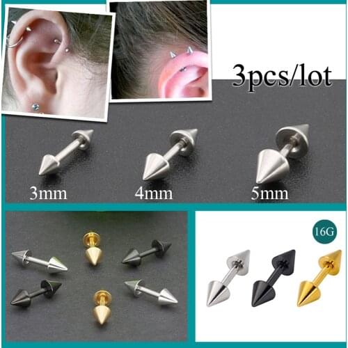 HONGTU 3Pcs/lot 16G Tragus Helix Bar 3-5mm Cone Stainless Steel Gold Black Rings Stud Cartilage Ear Piercing Body Jewelry